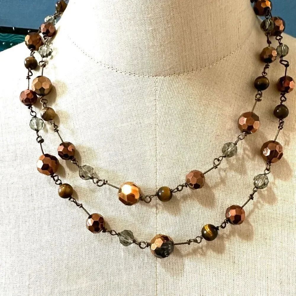 Cookie Lee brown beaded tiger eye long necklace